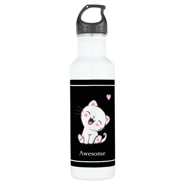 Cute Kitty Cat & Heart on Black 710 Ml Water Bottle (Front)