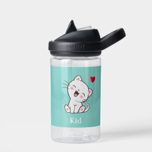 Cute Kitty Cat & Heart on Light Blue Water Bottle