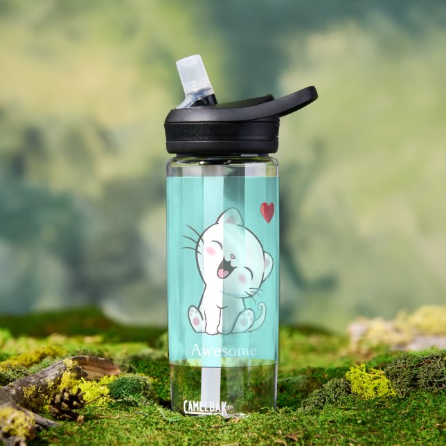 Cute Kitty Cat & Heart on Light Blue Water Bottle (Outdoor)