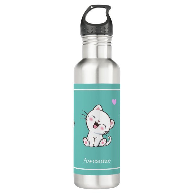 Cute Kitty Cat & Heart on Teal 710 Ml Water Bottle (Front)