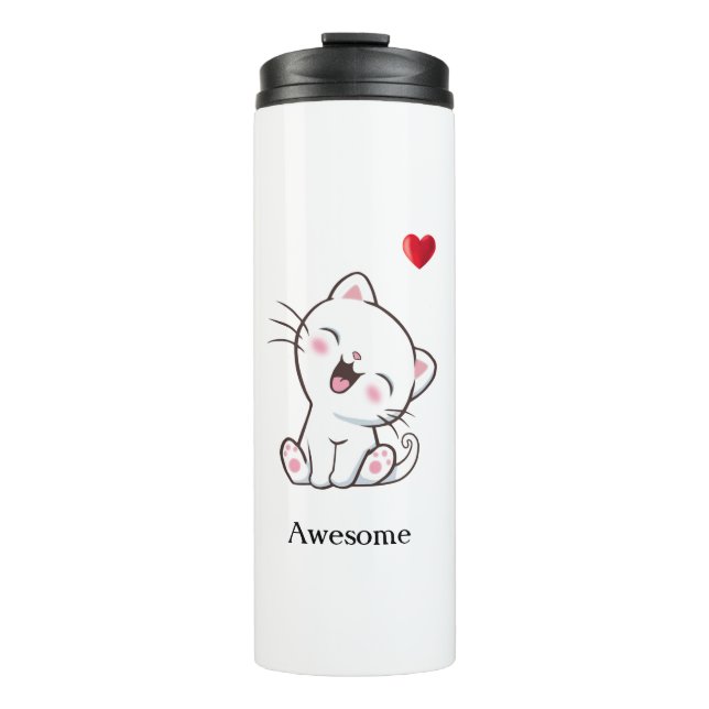 Cute Kitty Cat & Heart Thermal Tumbler (Front)