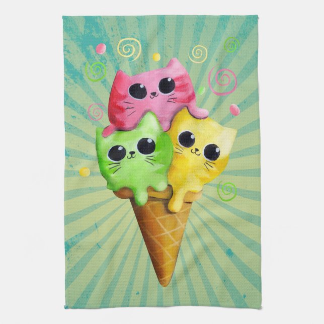 Cute Kitty Cat Ice Cream Kitchen Towel (Vertical)