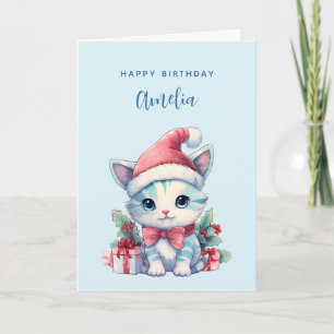 Cute Kitty Cat in a Santa Hat Christmas Birthday Card