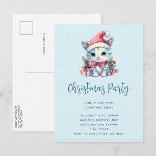 Cute Kitty Cat in a Santa Hat Christmas Party Invitation Postcard