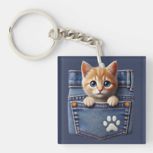 Cute Kitty Cat in Denim Pocket Keychain