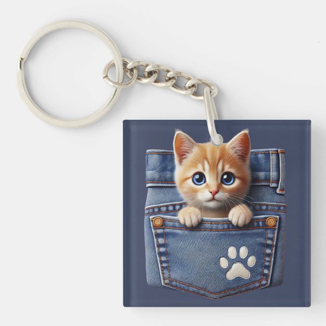 Cute Kitty Cat in Denim Pocket  Keychain (Front)