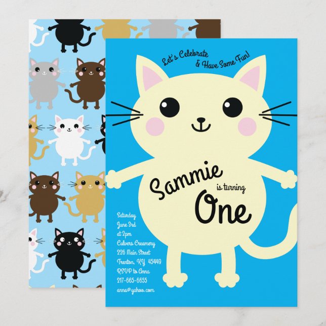 Cute Kitty Cat Kids Birthday Blue Invitation (Front/Back)