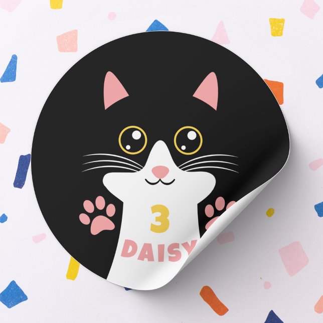 Cute Kitty Cat Kid's Birthday Party Classic Round Sticker (cute kitty cat sticker with custom name and age. perfect for birthday parties and bday party favors)