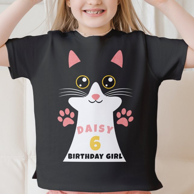 Cute Kitty Cat Kid's Birthday Party T-Shirt (Cute kitty cat birthday shirt with oversized cat face and custom name and age)