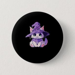 Cute Kitty Cat Kitten in Witch Hat Girls Halloween 2 Inch Round Button