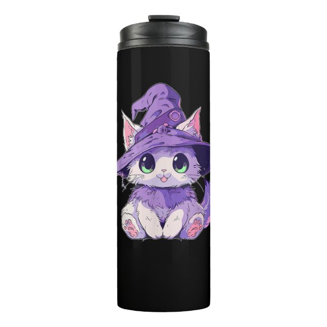 Cute Kitty Cat Kitten in Witch Hat Girls Halloween Thermal Tumbler (Front)