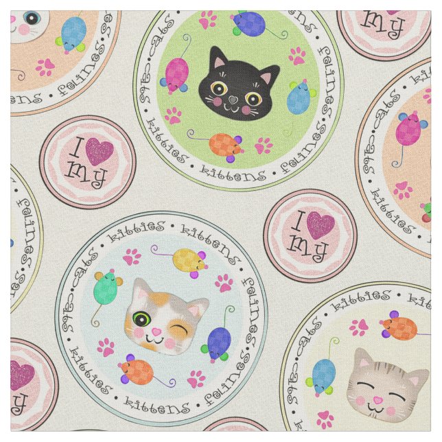 Cute Kitty Cat Lover's Pattern Fabric Fabric (Close Up)