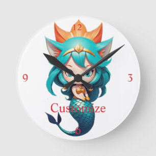 Cute Kitty Cat Mermaid Thunder_Cove Round Clock