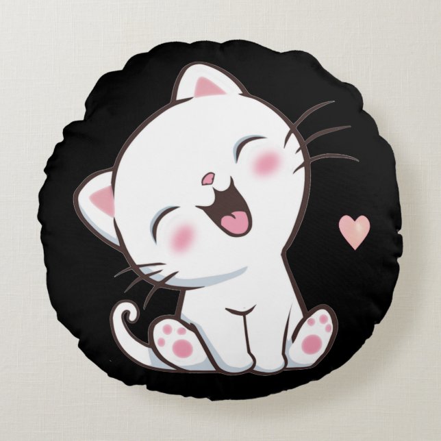 Cute Kitty Cat on Black Round Pillow (Front)