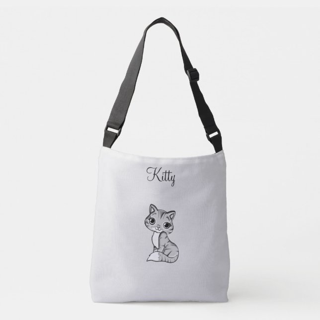 Cute kitty cat on light grey crossbody bag (Front)
