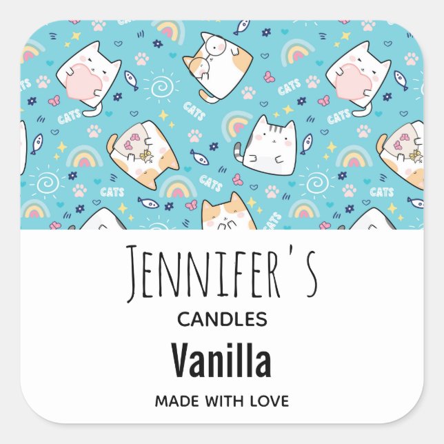 Cute Kitty Cat Pattern Whimsical Candle Business Square Sticker (Front)
