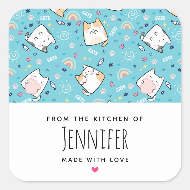 Cute Kitty Cat Pattern Whimsical Kitchen Square Sticker (Front)