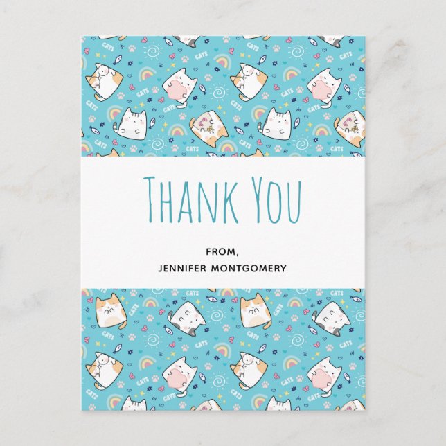 Cute Kitty Cat Pattern Whimsical Thank You Postcard (Front)