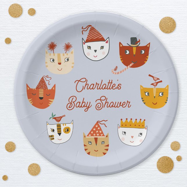 Cute Kitty Cat Personalized Baby Shower Paper Plate (Personalized cute kitty cat themed baby shower paper plate)