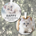Cute Kitty Cat Photo Happy Pawlidays Ornament<br><div class="desc">Personalized "Happy PAWlidays" Cat Photo Ornament. Bring some holiday cheer and humour to your decor with this fun cat ornament, perfect for those with a mischievous kitten, sassy kitty, or beloved furbaby. The front features the festive text "Happy PAWlidays" as a playful twist on the traditional holiday greeting, along with...</div>