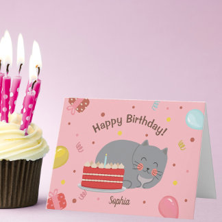 Cute Kitty Cat Pink Birthday Party Card
