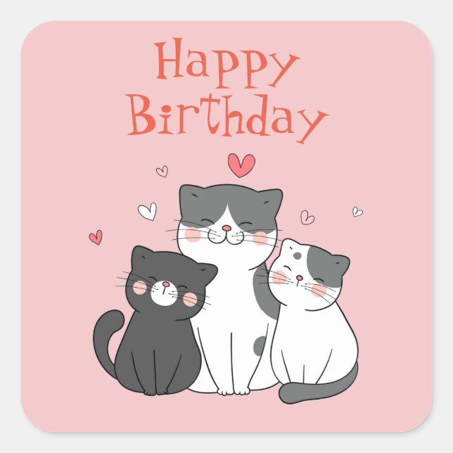 Cute Kitty Cat Pink Happy Birthday  Square Sticker (Front)