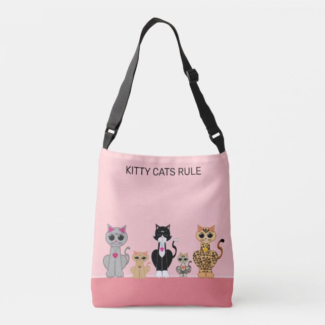 Cute Kitty Cat Team & Calligraphy on Coral & Pink Crossbody Bag (Back)