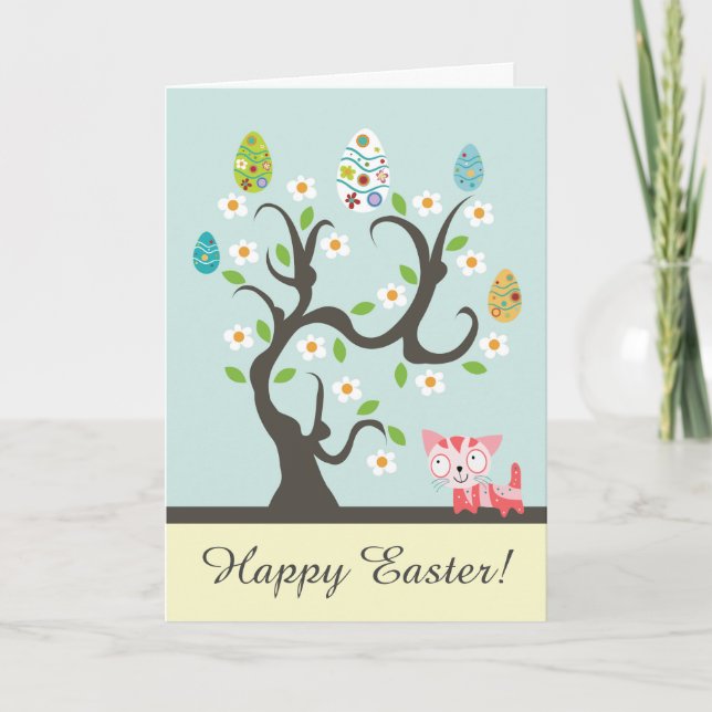 Cute Kitty Cat with Egg Tree Happy Easter Card (Front)