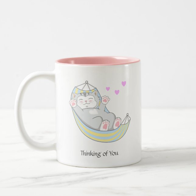 Cute Kitty Cat with Heart in Hammock Two-Tone Coffee Mug (Left)