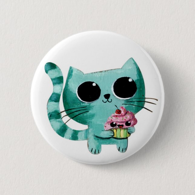 Cute Kitty Cat with Kawaii Cupcake 2 Inch Round Button (Front)