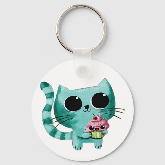 Cute Kitty Cat with Kawaii Cupcake Keychain (Front)