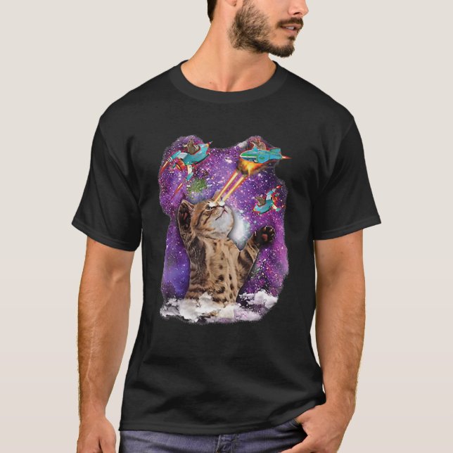 Cute Kitty Cat With Laser Beam Eyes Galaxy Backgro T-Shirt (Front)