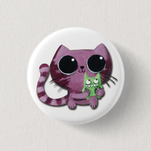 Cute Kitty Cat with Little Green Monster 1 Inch Round Button