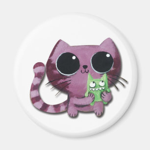 Cute Kitty Cat with Little Green Monster Magnet