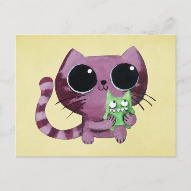Cute Kitty Cat with Little Green Monster Postcard (Front)