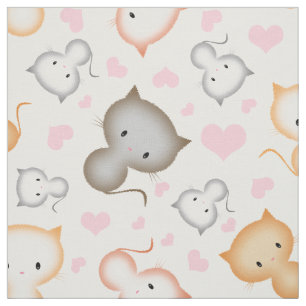 Cute Kitty Cats and Hearts Pattern Fabric