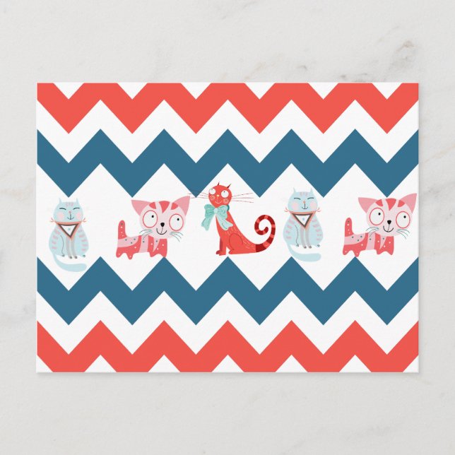 Cute Kitty Cats Blue Coral Chevron Stripes Pattern Postcard (Front)