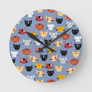 Cute Kitty Cats Fun Pattern Blue Round Clock
