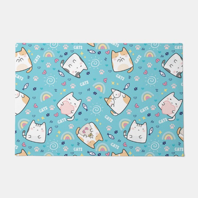 Cute Kitty Cats Whimsical Pattern Doormat (Front)