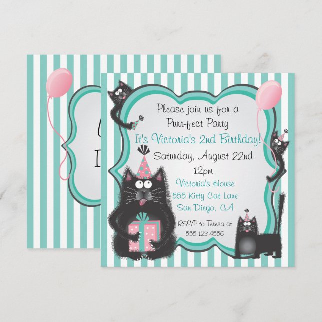 Cute Kitty Chat Anniversaire Fête Invitation (Devant / Derrière)