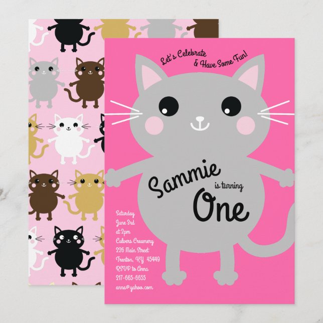 Cute Kitty Chat coloré 1er anniversaire Invitation (Devant / Derrière)