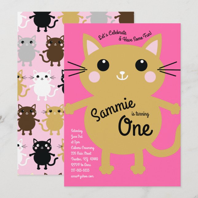 Cute Kitty Chat coloré 1er anniversaire Invitation (Devant / Derrière)