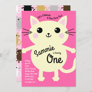 Cute Kitty Chat coloré 1er anniversaire Invitation
