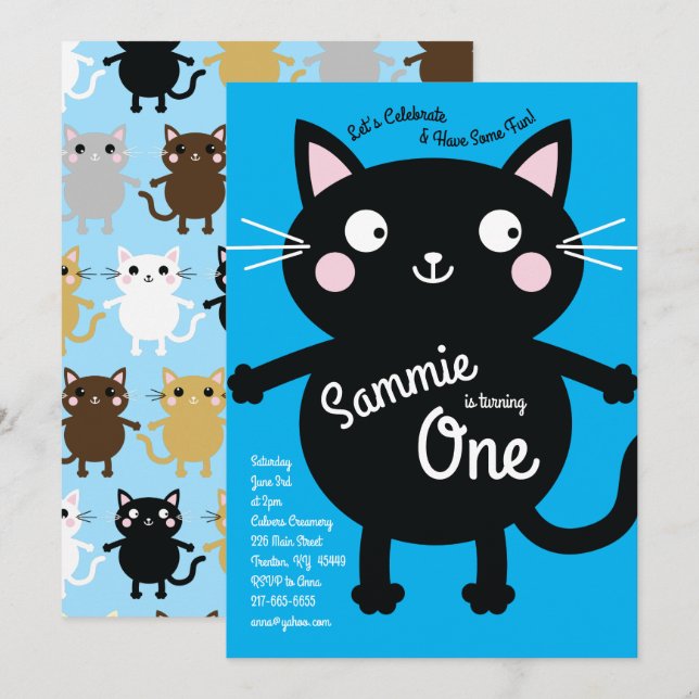 Cute Kitty Chat coloré 1er anniversaire Invitation (Devant / Derrière)