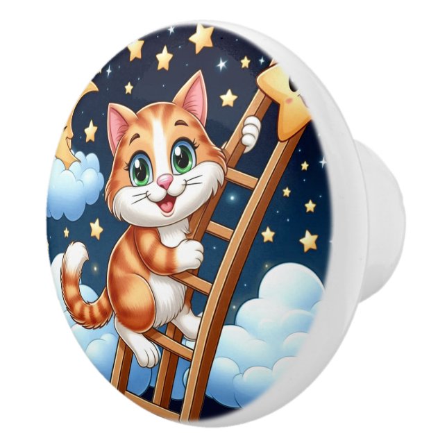 Cute Kitty Climbs Ladder to the Moon  Ceramic Knob (Right)