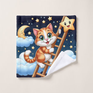 Cute Kitty Climbs Ladder to the Moon  Wash Cloth