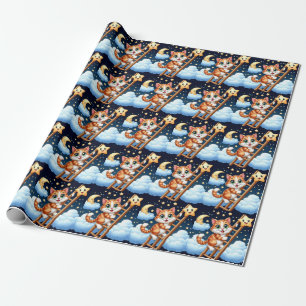 Cute Kitty Climbs Ladder to the Moon  Wrapping Paper