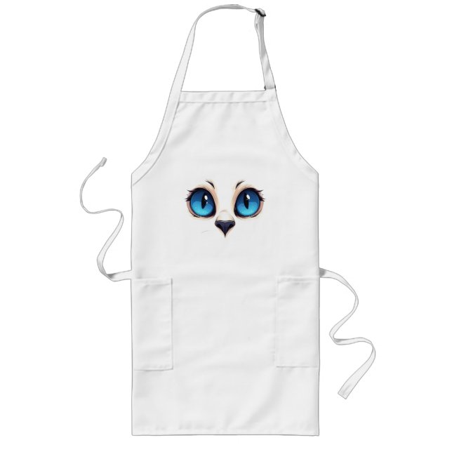 Cute Kitty Eyes Close Up Cartoon Cat Face Illustra Long Apron (Front)