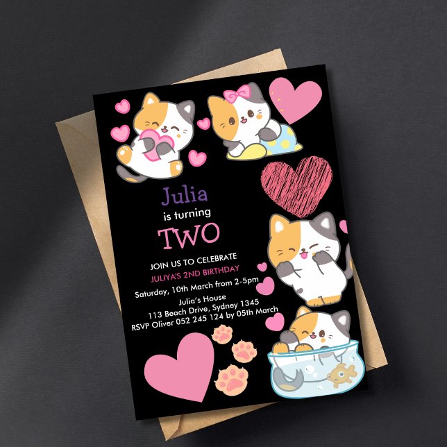 Cute kitty girls 2nd birthday black invitation (Creator Uploaded)