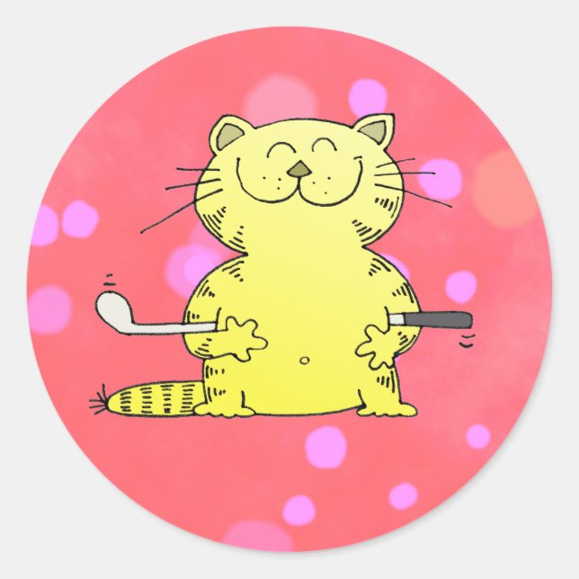 Cute Kitty Golfer Red Back Ground Classic Round Sticker (Front)